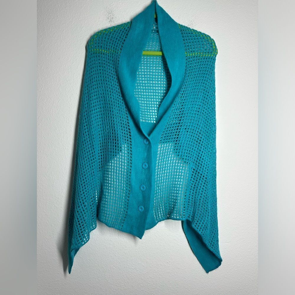 Fishnet Knit Button Up Cardishawl, Teal, Blue, OS
